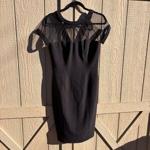 MAGGY LONDON ILLUSIONS YOKE CREPE BLACK COCKTAIL SHEATH DRESS